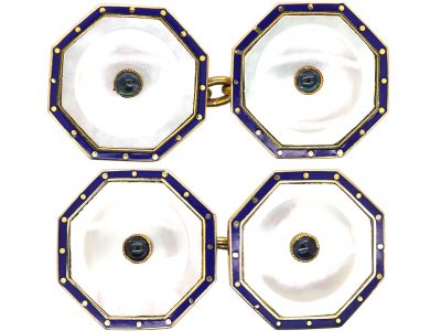 Art Deco 9ct Gold, Mother of Pearl & Blue Enamel Cufflinks set with Sapphires