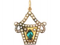Georgian 9ct Gold Basket Giardinetti Pendant set with Natural Split Pearls & Green Paste