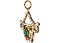 Georgian 9ct Gold Basket Giardinetti Pendant set with Natural Split Pearls & Green Paste