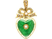 Edwardian 15ct Gold Green & White Enamel & Natural Split Pearl Heart Shaped Pendant