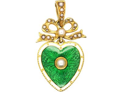 Edwardian 15ct Gold Green & White Enamel & Natural Split Pearl Heart Shaped Pendant