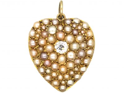 Edwardian 15ct Gold, Natural Split Pearl & Diamond Heart Shaped Pendant