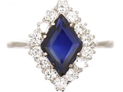Art Deco Platinum Kite Shaped Ring set with a Sapphire & Diamonds