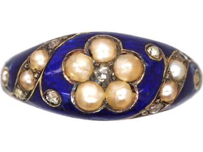 Early Victorian 18ct Gold & Blue Enamel Ring set with Natural Split Pearls & Rose Diamonds