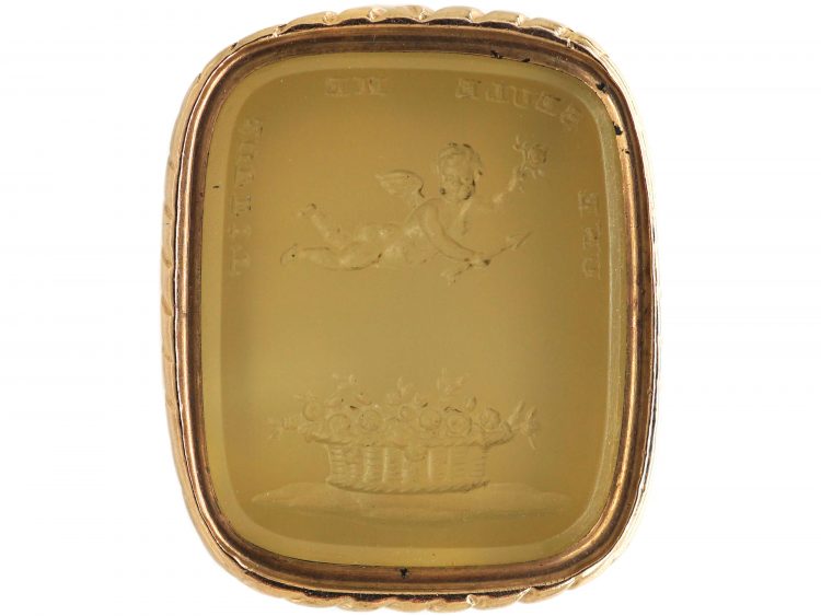 Georgian 9ct Gold Seal with Chalcedony Intaglio of a Cherub Above a Basket of Flowers