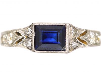 Art Deco 18ct Gold & Platinum Ring set with a Sapphire with Diamonds Around the Shank