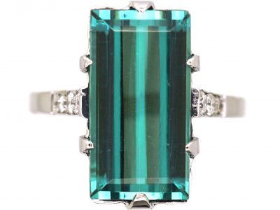 Art Deco 18ct White Gold Ring set with a Rectangular Cut Green Tourmaline with Diamond Shoulders