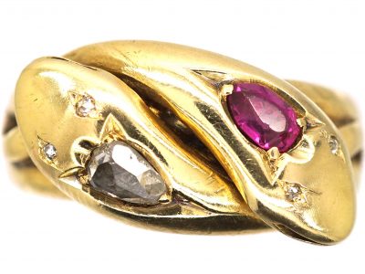 Victorian 18ct Gold Double Snake Ring set with a Pear Shaped Ruby & Rose Diamond