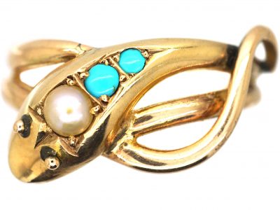 Edwardian 9ct Gold Snake Ring set with Turquoise & a Pearl