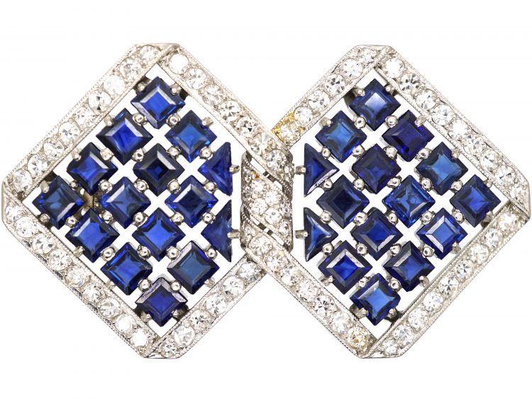 Retro Double Diamond Platinum Brooch by Charles Holl set with Sapphires & Diamonds