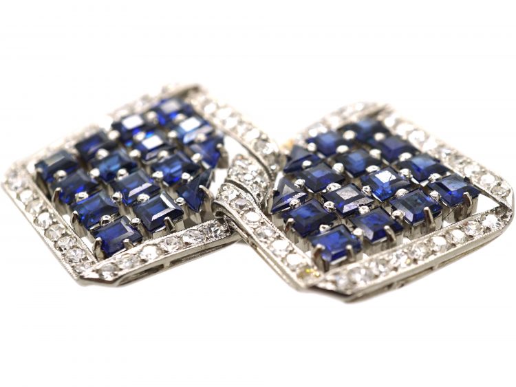 Retro Double Diamond Platinum Brooch by Charles Holl set with Sapphires & Diamonds