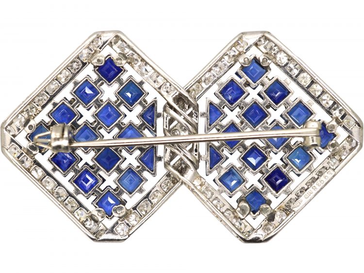 Retro Double Diamond Platinum Brooch by Charles Holl set with Sapphires & Diamonds