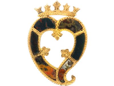 Victorian 9ct Gold Scottish Weeping heart & Crown Brooch set with Agates