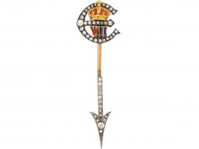 Edward V11 Royal 15ct Gold & Silver, Diamond & Enamel Jabot Brooch