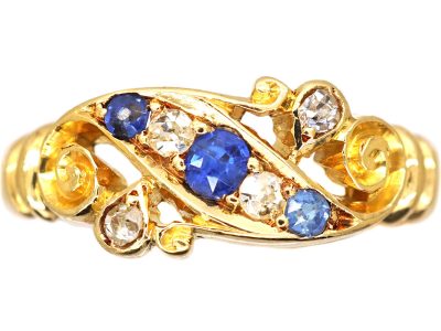 Edwardian 18ct Gold Sapphire & Diamond Crossover Ring with Scroll Detail
