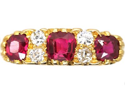 Victorian 18ct Gold Three Stone Ruby & Diamond carved half hoop Ring