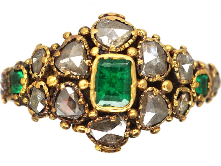 Early 19th Century 15ct Gold, Emerald & Rose Diamond Cluster Ring