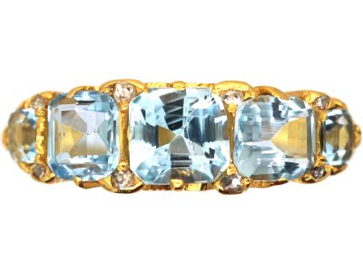 Victorian 18ct Gold Five Stone Aquamarine Carved Half Hoop Ring with Rose Diamond Points