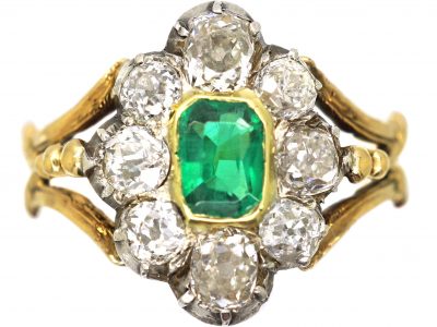 Early 19th Century 15ct Gold & Silver Cluster Ring set with an Emerald & Diamonds