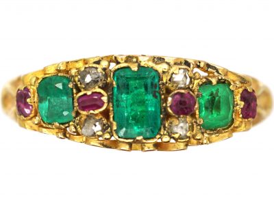 Victorian 18ct Gold, Three Stone Emerald Ring with Ruby & Rose Diamond Detail