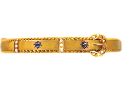 Edwardian 9ct Gold Buckle Motif Bangle set with Sapphires & Natural Split Pearls