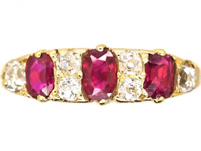 Edwardian 18ct Gold, Three Stone Ruby & Diamond Carved Half Hoop Ring