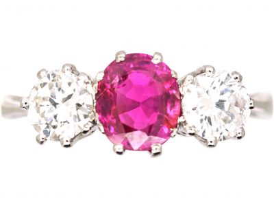 Edwardian Platinum,Three Stone Pink Sapphire & Diamond Ring