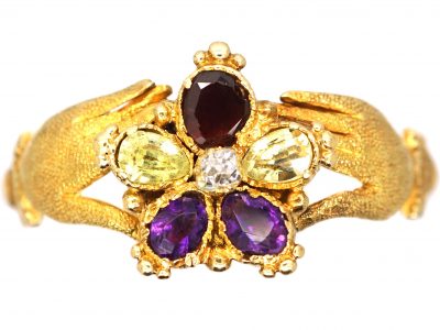 Georgian 15ct Gold Fede Ring with Pansy set with Gemstones