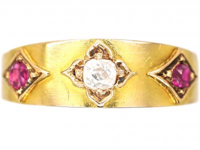 Edwardian 15ct Gold Ring with Ornate Settings set with Two Rubies & One Old Mine Cut Diamond