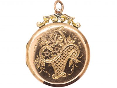 Edwardian 9ct Back & Front Round Locket with Flower Basket & Swallow Detail