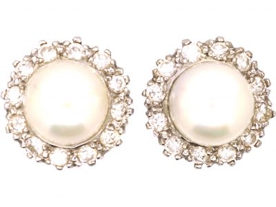 Mid 20th Century, 18ct White Gold, Pearl & Diamond Cluster Earrings