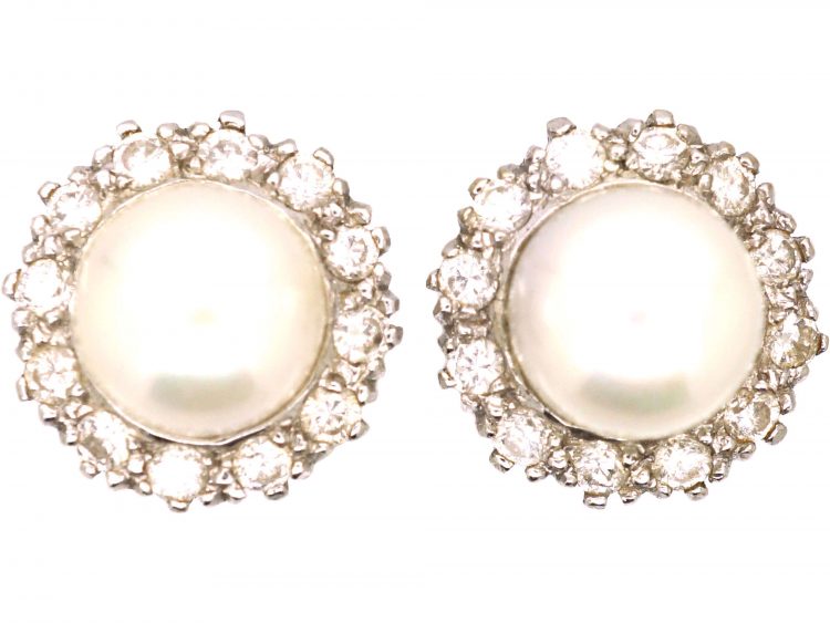 Mid 20th Century, 18ct White Gold, Pearl & Diamond Cluster Earrings