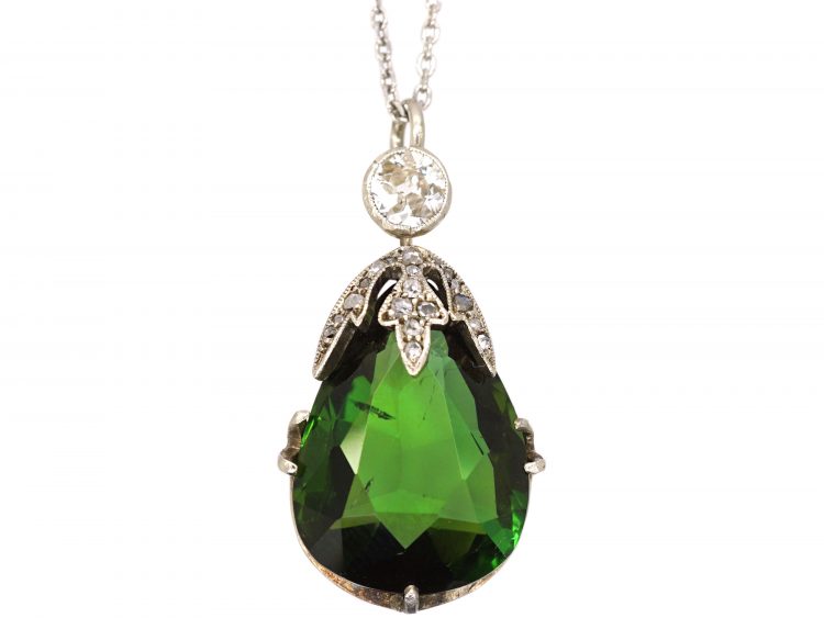Early 20th Century 18ct White Gold, Green Tourmaline & Diamond Pendant on 18ct White Gold Chain