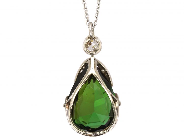 Early 20th Century 18ct White Gold, Green Tourmaline & Diamond Pendant on 18ct White Gold Chain