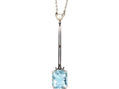 Art Deco 18ct White Gold Aquamarine & Natural Pearl Pendant on 18ct White Gold Chain