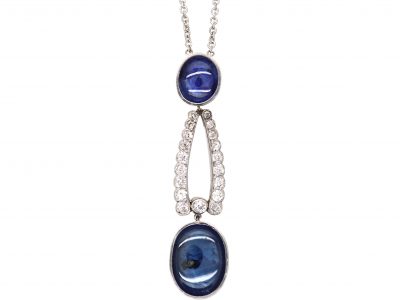 Art Deco 18ct White Gold, Cabochon Sapphire & Diamond Pendant on 18ct White Gold Chain