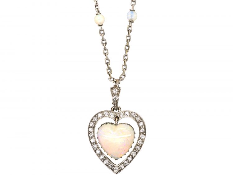 Edwardian Opal & Diamond Pendant on 18ct White Gold & Opal Chain