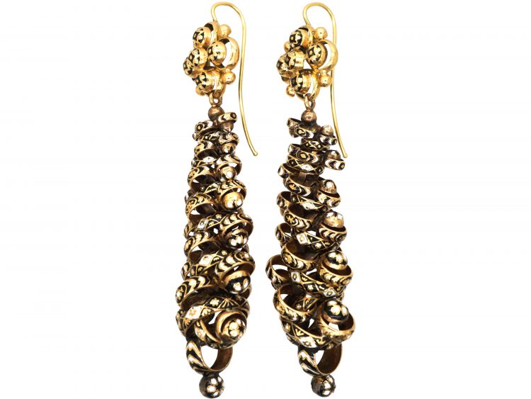 Early 19th Century 15ct Gold Swiss Enamel Large Drop Earrings