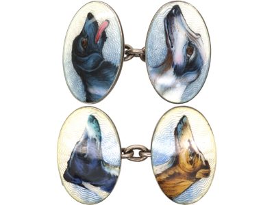 Early 20th Century Silver & Enamel Cufflinks of Dogs