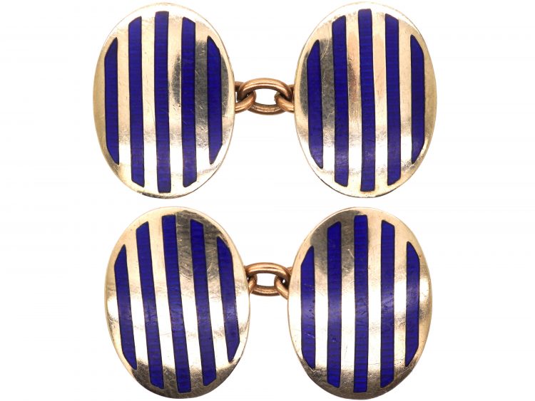 Art Deco 9ct Gold & Blue Enamel Striped Cufflinks