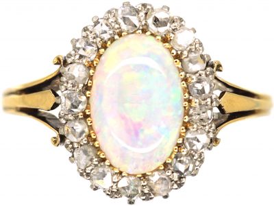 Edwardian 18ct Gold Opal & Rose Diamond Cluster Ring