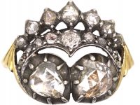 15ct gold & Silver 19th Century Crowned Double Heart Ring set with Rose Diamonds