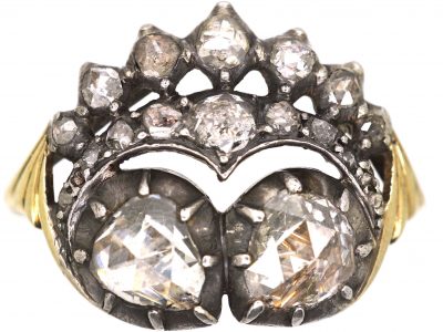 15ct gold & Silver 19th Century Crowned Double Heart Ring set with Rose Diamonds