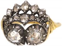 15ct gold & Silver 19th Century Crowned Double Heart Ring set with Rose Diamonds