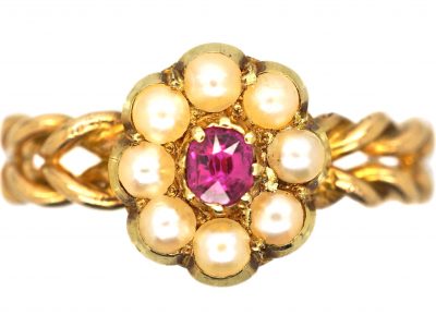 Edwardian 18ct Gold Illusion Ring with Ruby & Pearl Cluster
