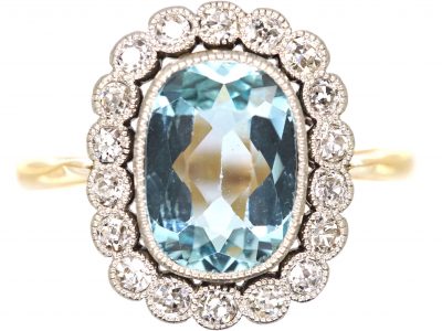 Edwardian 18ct Gold & Platinum, Aquamarine & Diamond Oval Cluster Ring