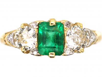 Victorian 18ct Gold, Emerald & Diamond Three Stone Carved Half Hoop Ring