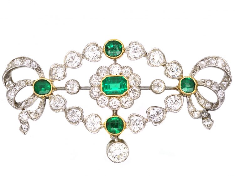 Edwardian Platinum & 15ct Gold, Emerald & Diamond Brooch