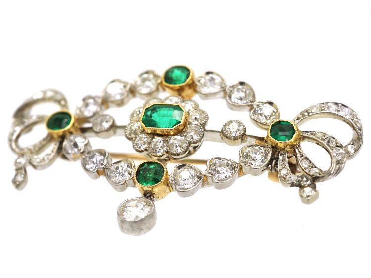 Edwardian Platinum & 15ct Gold, Emerald & Diamond Brooch