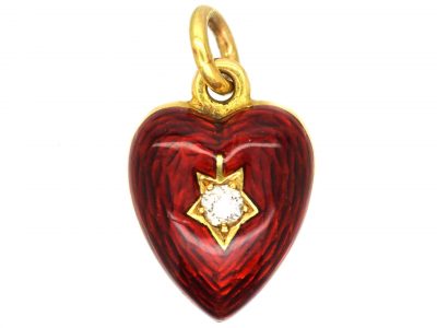 Edwardian 15ct Gold Heart Shaped Red Enamel Pendant set with a Diamond